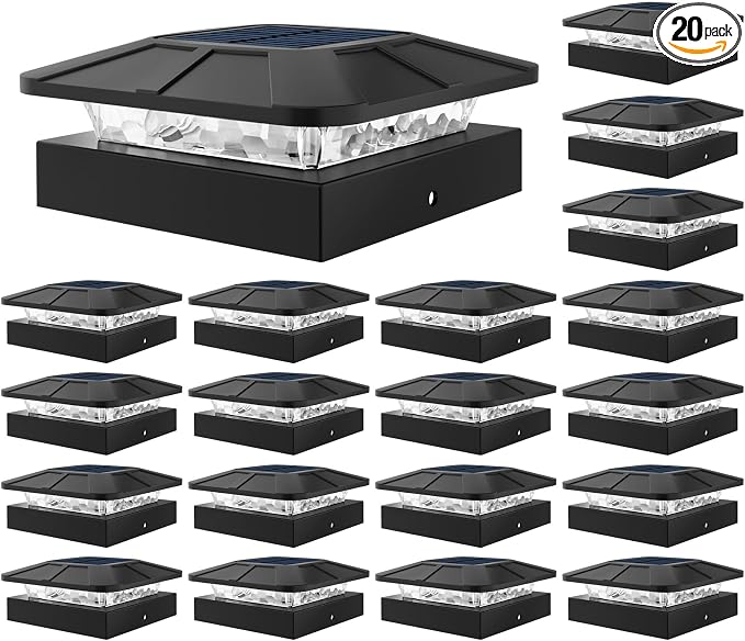 20 Packs 4x4 Post Solar Lights 3 Lighting Modes, Black Solar Powered Cap Lights Fits 4×4/3.5×3.5 Wood/Vinyl Posts, Waterproof Post Top Light Outdoor for Fence Deck Mailbox Porch Railing