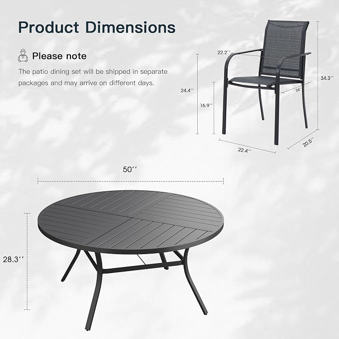 VICLLAX 7 Pieces Patio Outdoor Dining Set, 50" Round Metal Table with Umbrella Hole and 6 Stackable Textilene Chairs for Patio, Lawn, Garden, Porch, Black/Grey