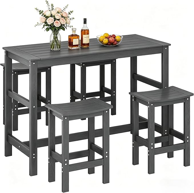 5Pcs Poly Lumber Outdoor Patio Bar Set, All Weather HIPS Bar Table and Chairs Set for Outside, 55" Rectangular High Top Bar Table with 4 Bar Stools for Patio, Poolside, Balcony, Hot Tub, Black