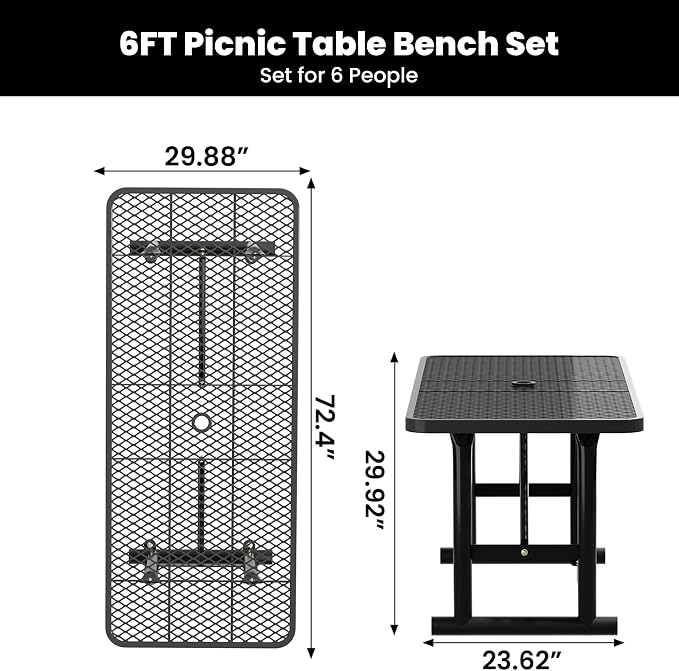 6FT Metal Picnic Tables for Outdoors, Commercial Rectangular Picnic Table for Outside, Park, Campfield, Patio, Garden, Yard, Thermoplastic Coating, Surface Mounted, Black