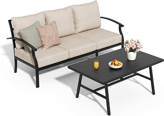 Metal Patio Furniture Set,2 Pieces 3 Seats Patio Sectional Outdoor Furniture Set with Rectangular Coffee Table,Patio Conversation Sets with 5.1" Thickened Cushions,Sand