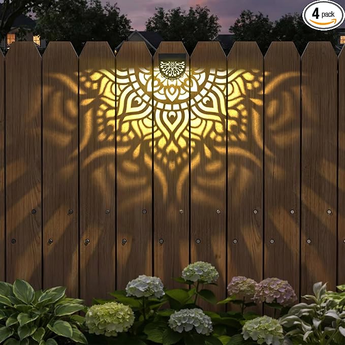 4 Pack Solar Fence Lights Outdoor Wall Lights Plastic Solar Powered Deck Step Stair Lights Mandala Theme Waterproof Fence Solar Light for Garden Post Patio Yard Decor, Gardening Gifts for Women Mom