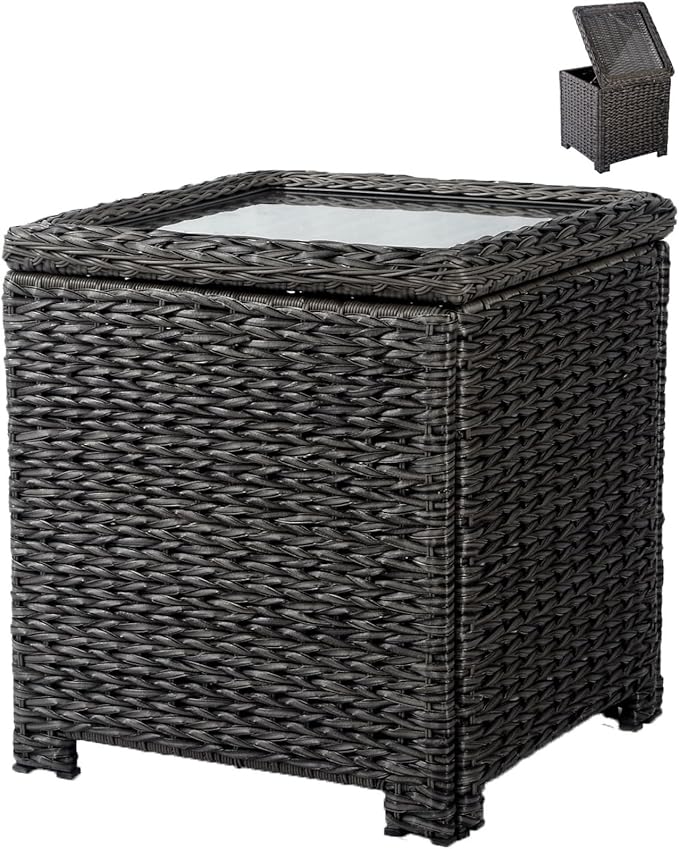 Classic Outdoor Storage Side Table, Weather-Resistant HDPE Rattan Wicker Patio Coffee Table w/Tempered Glass Flip Top for Porch Pool, Dark Brown
