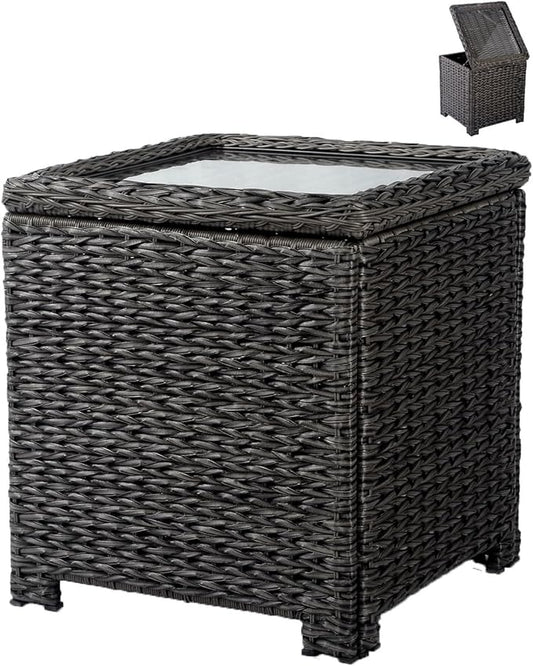 Classic Outdoor Storage Side Table, Weather-Resistant HDPE Rattan Wicker Patio Coffee Table w/Tempered Glass Flip Top for Porch Pool, Dark Brown