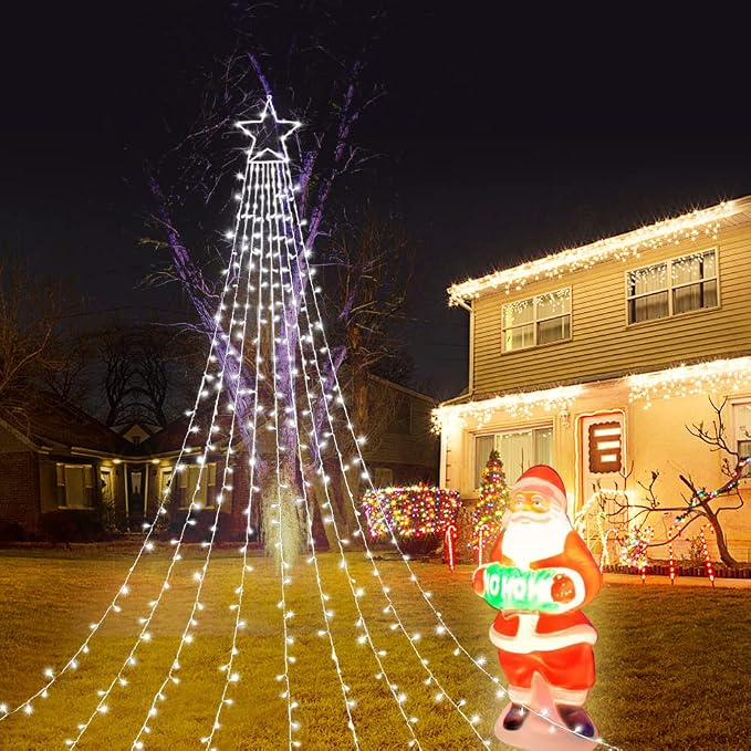 Outdoor Christmas Star Lights 320 LED Waterfall Christmas Tree Lights 8 Lighting Modes Outdoor Christmas Decorations Star String Lights for Outside Tree Wall Yard Xmas Wedding Party (White)