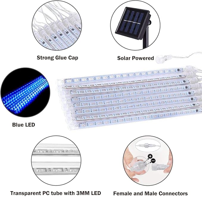 JMEXSUSS 2 Pack Blue Solar Meteor Shower Lights Outdoor Christmas Lights | Meteor Falling Rain Lights Cascading String Lights Waterproof for Tree Garden Party Christmas Decor, Total 16 Tubes 288 LED
