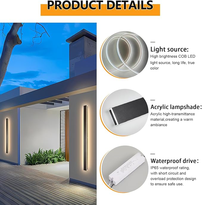 AioTio Modern Outdoor Lights Fixture,2pack 92.5inch Exterior Porch Lights Fixture Wall Mount,Dimmable Rectangular Black Linear Long LED Outdoor Entrance Wall Sconce Lighting for Garage,Front Door