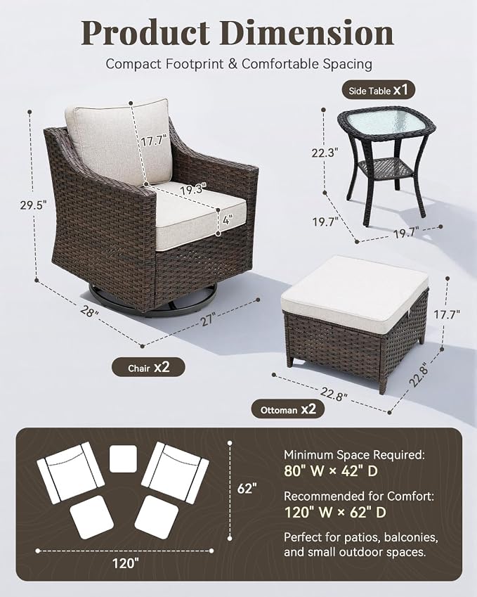 Patio Furniture Set 5 Pieces Luxury Outdoor Swivel Rocker Chairs and Ottomans, Easy Assembly Conversation Set for Porch Deck Balcony Yard in Brown Wicker and Beige Cushions