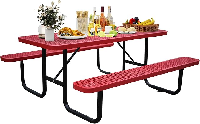 6FT Rectangular Metal Picnic Table for Outdoors, Commercial Steel Metal Picnic Tables, Heavy Duty Sturdy Picnic Tables Furniture Set for Patio Garden Courtyard BBQ, with Umbrella Hole, Red