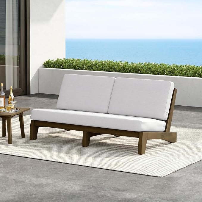 Outdoor Furniture Patio Couch, Weather Resistant 3-Seater Patio Sofa with Removable Cushion, Teak Wood Frame for Porch & Backyard Seating - Beige
