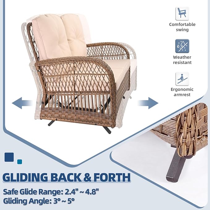2 Piece Outdoor Wicker Gliding Loveseat Set, Patio Conversation Furniture Sets with 2-Seater Glider Rocking Bench, Glass-Top Coffee Table and Cushions for Porch Garden Poolside