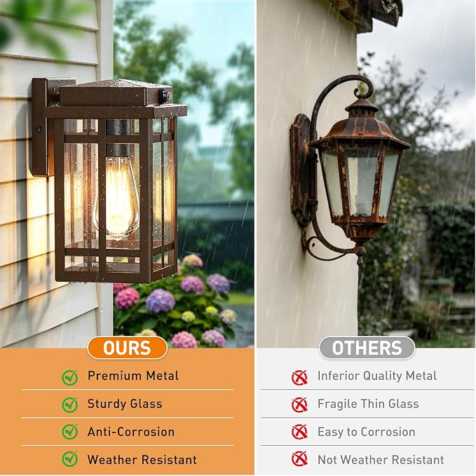 9.76'' Dusk to Dawn Outdoor Wall Light 2 Packs, Brown | Exterior Fixture Mount for House Front Porch, Anti-Rust Modern Lantern with Tempered Glass Shade for Garage