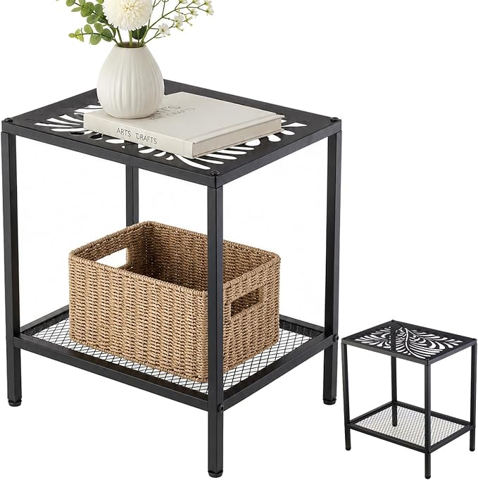 2-Tier Metal Side Table Rectangle Small End Table with Storage Shelf Laser-Cut Leaf Pattern Accent Table Indoor Outdoor Small Space Coffee Table for Living Room, Bedroom, Patio, Plant Stand, Black