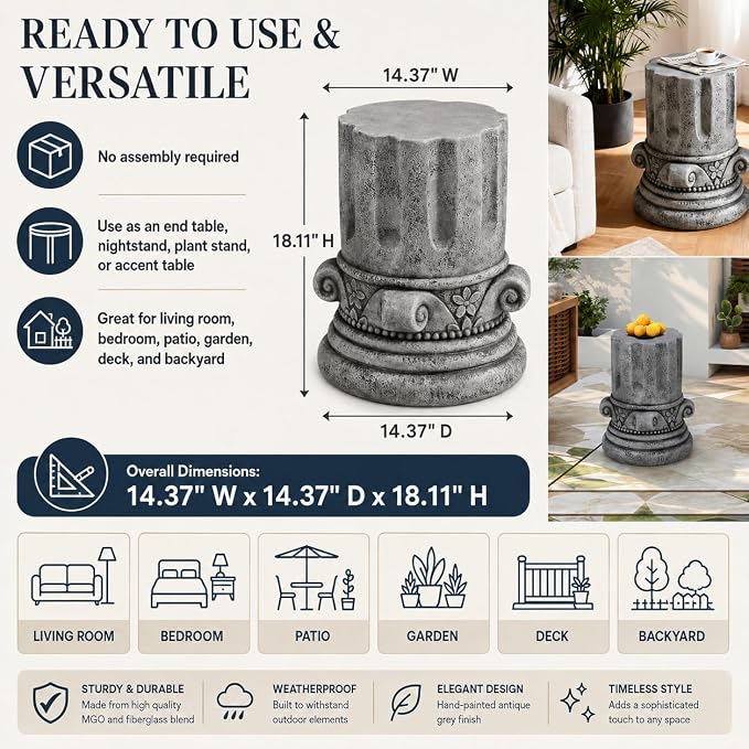 Stone Side Table,Round Faux Marble Side Table,Modern Small Stone End Table for Balcony, Tree Stump Garden Stool DrumTable Indoor and Outdoor (Gray-14.4"-2)