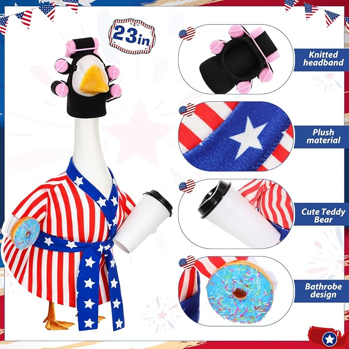 Shyyween Patriotic 4th of July Porch Goose Outfit 23 Inch American Lady Goose Statue Clothes Red White and Blue Bathrobe Coffee Cup Curlers 250th Anniversary Garden Lawn Decor