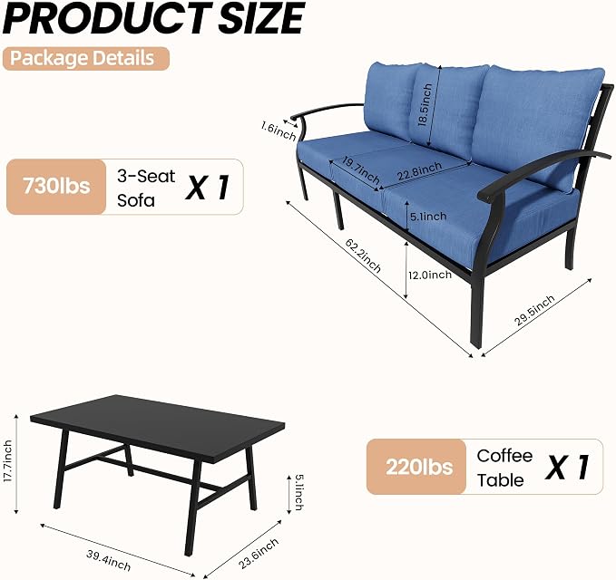 Metal Patio Furniture Set,2 Pieces 3 Seats Patio Sectional Outdoor Furniture Set with Rectangular Coffee Table,Patio Conversation Sets with 5.1" Thickened Cushions,Navy Blue