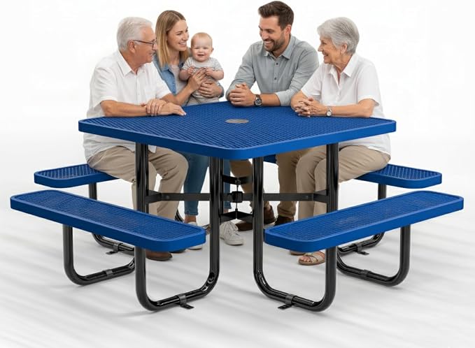 Metal Picnic Tables for Outdoors with Umbrella Hole - Coated Steel Heavy Duty Commercial Grade Furniture (Blue, 46 in, Square, Expanded Steel)