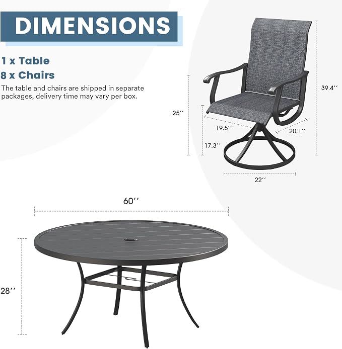 DIFY Outdoor Dining Set for 8, 9 Piece Patio Table and Chairs Set, Swivel Patio Dining Chairs with Dark Grey Textilene & 60" Black Round Metal Dining Table with Umbrella Hole, for Garden Backyard Deck