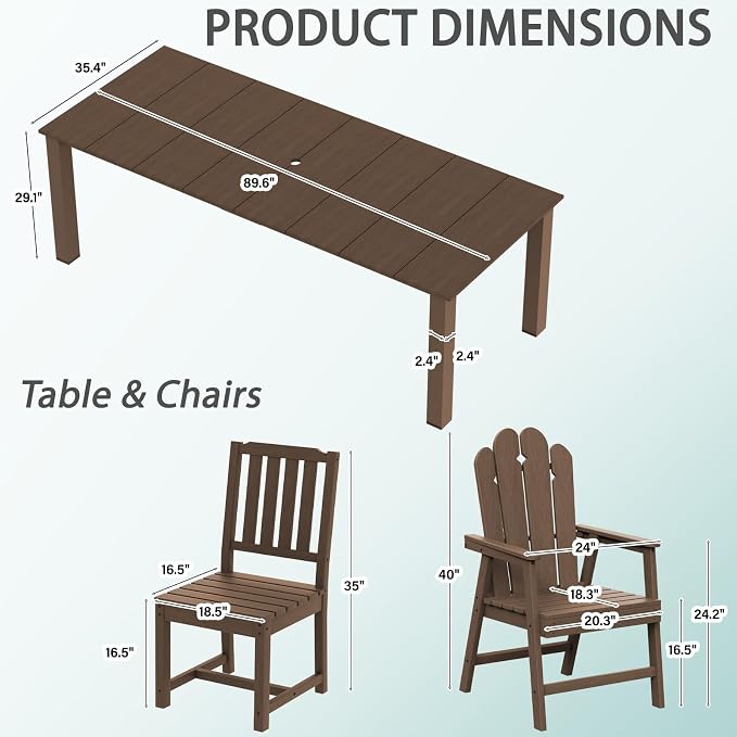 11 Piece Outdoor Dining Table for 10, HDPE Patio Furniture, Brown | 89.4” table,Large family 10 person dining set, mixed chair eco-friendly HDPE, heat and moisture resistant for outdoor dining