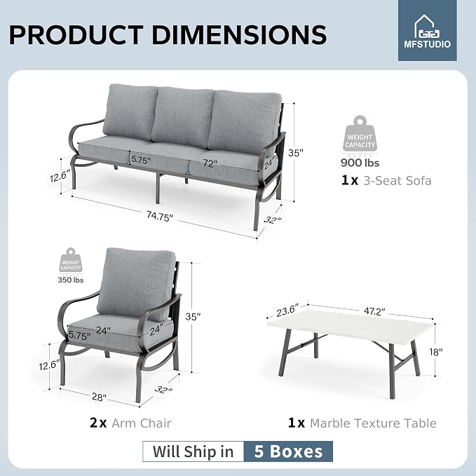 MFSTUDIO 4 Pieces Patio Conversation Set, 5 Seats Metal Patio Furniture Sets with 1 x 3-Seat Sofa, 2 Single Chairs,1 Coffee Table, All Weather Steel Patio Sets with 5.75inch Grey Cushion for Garden