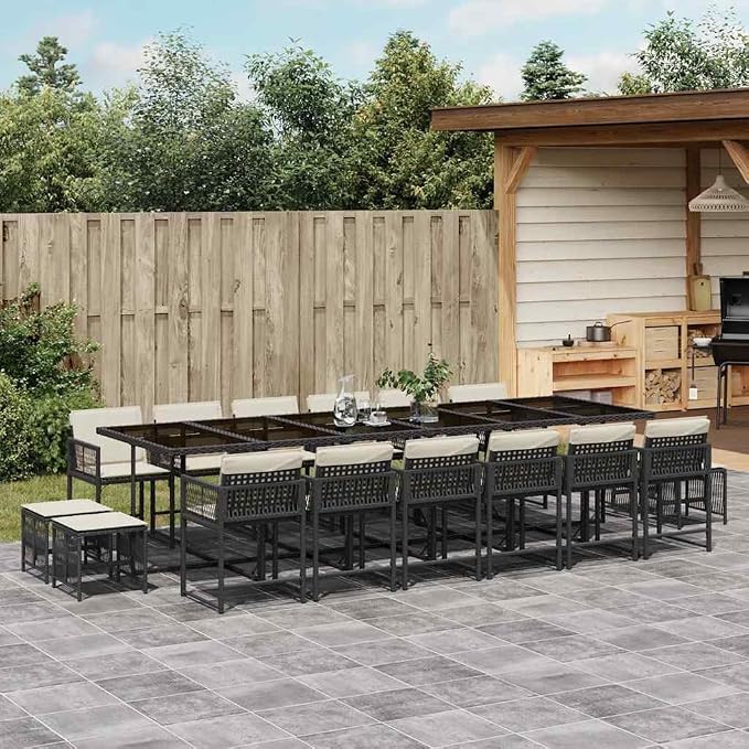 17-Piece Outdoor Dining Set, Large Rattan Garden Table and Chairs for 16 People, Patio Furniture for Summer Gatherings, Black and Cream