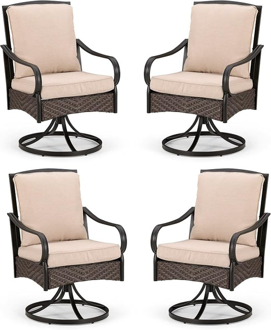 PHI VILLA Swivel Patio Dining Chairs Wicker Chairs Set of 4 with Cushions | Heavy Duty Outdoor Metal Wicker Dining Chair with Padded Cushions, Large All Weather Wrought Iron Patio Chair for Balcony