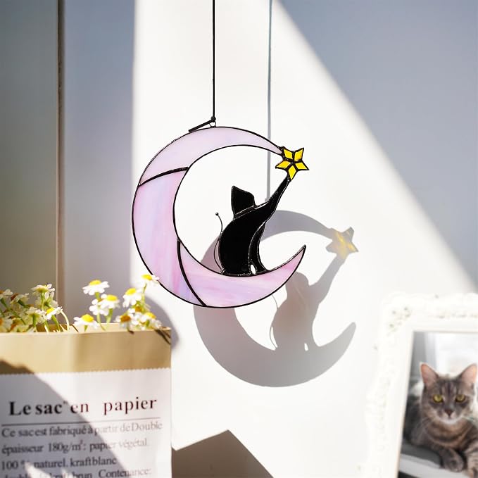 6.5'' Stained Glass Window Hanging Suncatcher-Black Cat on Purple Moon | Wall Art Glass Window Panel Sun Catcher,Halloween Decoration,Memorial Gift for Lover Cat Loss Women