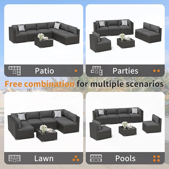 Oakcloud 7-Piece Outdoor Patio Furniture Black Rattan Wicker Sectional Sofa Conversation Set with Glass Top Table and Cushions (Grey)
