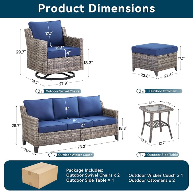 6 Piece Outdoor Patio Wicker Furniture Sets-High Back Outdoor Conversation Set Sectional Sofa with Wicker Swivel Rocker Patio Chairs,Thick Cushions Ottomans for Porch Balcony Patio Deck Grey/Blue