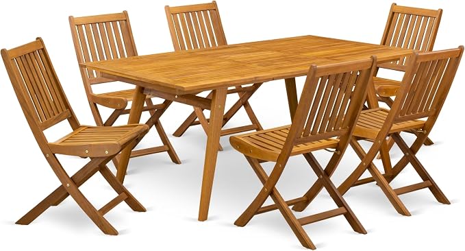 East West Furniture DEDK7CWNA 7 Piece Outdoor Patio Dining Sets Consist of a Rectangle Acacia Wood Table and 6 Folding Side Chairs, 40x72 Inch, Natural Oil