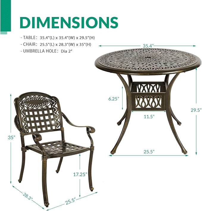 VIVIJASON 5-Piece Patio Furniture Dining Set, All-Weather Cast Aluminum Outdoor Conversation Set, Include 4 Chairs and a 35.4" Round Table w/Umbrella Hole for Balcony, Lawn, Garden, Backyard