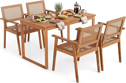 Tangkula 5 Pieces Acacia Wood Outdoor Dining Set, Outdoor Wood Table and Rattan Chairs for 4, Patio Dining Sets for Balcony Poolside Garden Backyard
