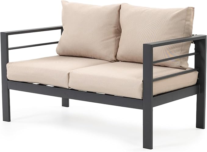4-Piece All-Weather Metal Patio Furniture Set, Sectional Conversation Sofa w/Coffee Table, Heavy Duty Steel Frame & Washable Cushions for Backyard Garden (Khaki, Loveseat)