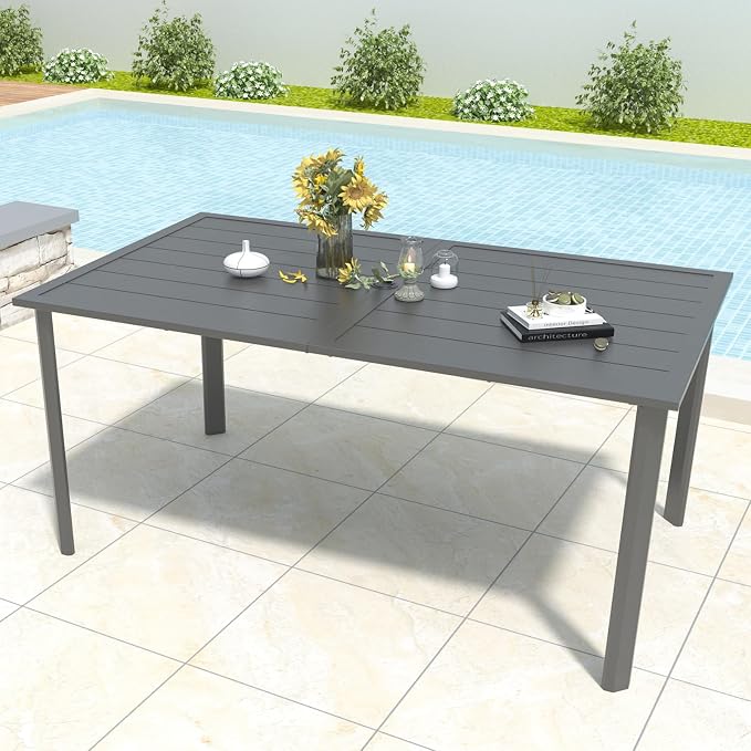 Anmutig Outdoor Dining Table for 6-8 Person Weather-Resistant Patio Table with Umbrella Hole, 63L x 38W x 29H inches, Black Metal Frame Easy Install Black Outdoor Table for Backyard Garden Lawn