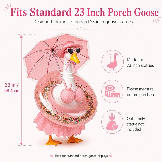 Summer Porch Goose Outfits 23 Inch, Pink Polka Dot Porch Goose Bikini Set with Parasol Umbrella, Swim Ring, Sun Hat and Heart Sunglasses, Porch Goose Accessories for Yard Garden Patio Decor