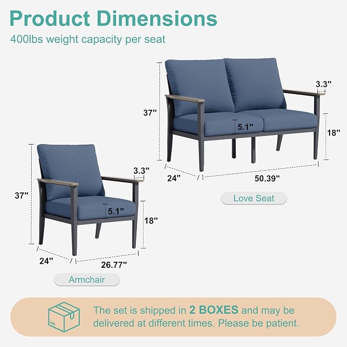 Aluminum Outdoor Patio Furniture Set 4-Seat, Patio Conversation Set Sectional Furniture Set with High Backrest & Thickened Cushions for Garden, Backyard, Poolside, Navy Blue