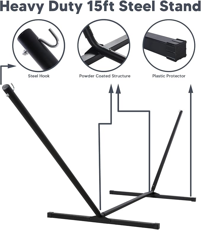 SUNCREAT Hammocks for Outside with 15 ft Stand, Stand Alone Hammock, 475 lbs Capacity, Dark Gray