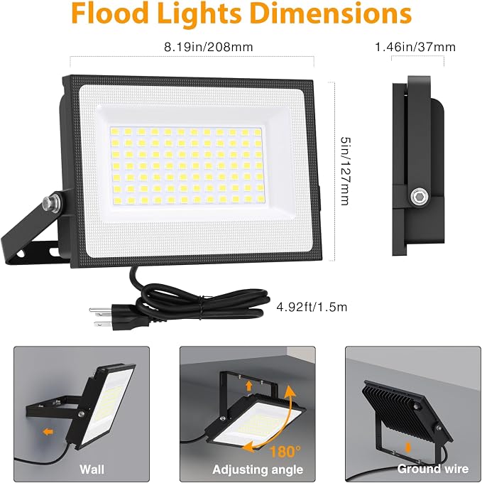 Onforu 80W Flood Lights Outdoor, 8000lm Bright LED Work Light with Plug,Daylight White LED Flood Lighting, IP66 Waterproof Security Yard Lights for Garage Stadium 4 Pack