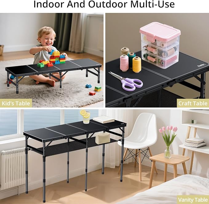 Anbte 4-Fold Camping Table with Storage Net, 3 Adjustable Height Max 27.5” | 4ft Aluminum Portable Table, Portable & Compact, 46” x 16”, for Picnic Beach Outdoor Indoor Backyard RV Travel, Black