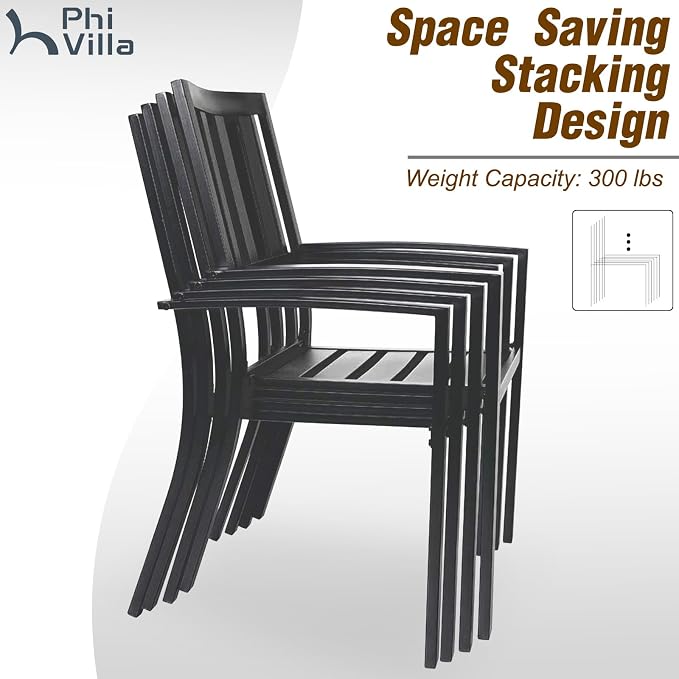 PHI VILLA Patio Dining Set for 6, Stackable Chairs&Wood-Like Table | 65” Brown Wood-Like Metal Steel Dining Table & Black Iron Chairs, Patio Furniture Set for Patio, Deck, Yard, Porch