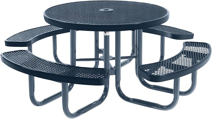 COATEDOUTDOORFURNITURE Heavy-Duty Portable Outdoor Picnic Table with Umbrella Hole, Expanded Metal Commercial-Grade Patio Furniture Made in America (46" Round Top, Dark Blue with Dark Blue Frames)