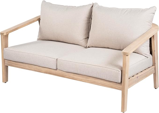 Merax Outdoor Wood and Wicker Loveseat, Light White Finish with Beige Cushion, Acacia Wood 2-Seater Patio Garden Sofa