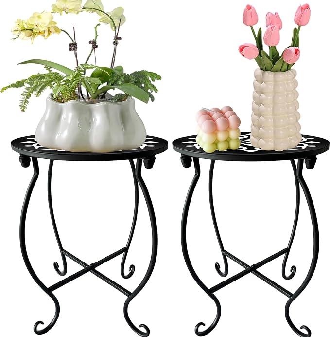 Small Outdoor Side Tables, 15" Tall 10" Round Patio Side Table, Metal Corner Plant Stand for Flower Pot, Rustproof Flower Plant Rack Holder for Home, Garden, Patio, Plant Lovers 1 Count