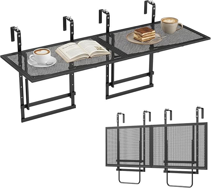 Giantex 48" Balcony Railing Table, 2-Piece Connectable Metal Folding Hanging Bar Table with 5-Level Adjustable Height, Fit 1.5"-3.5" Round/Square Railing, Outdoor Side Desk for Patio & Deck