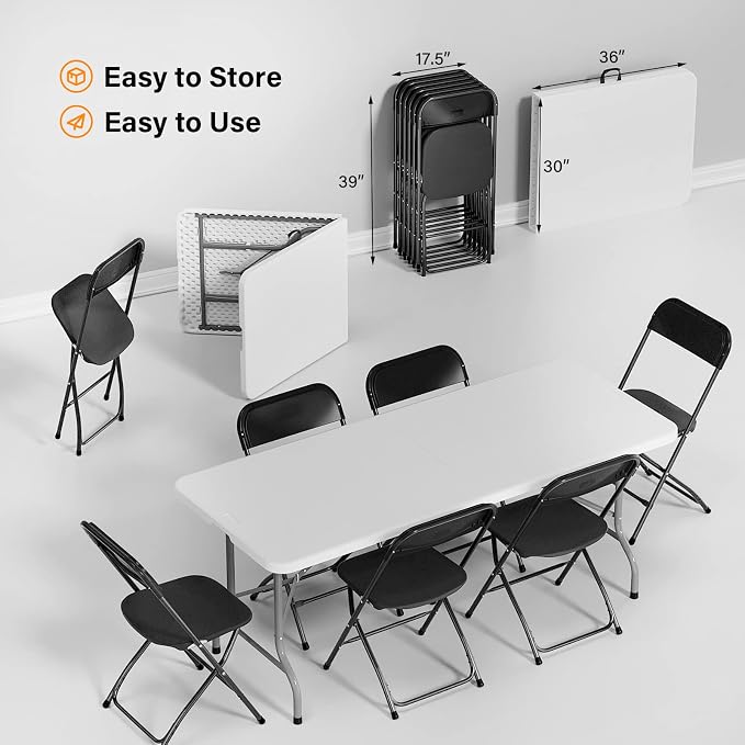 VINGLI 6 FT Plastic Folding Table Set with 6 Black Folding Chairs for Picnic, Event, Training, Outdoor Activities, at Home and Commercial Use