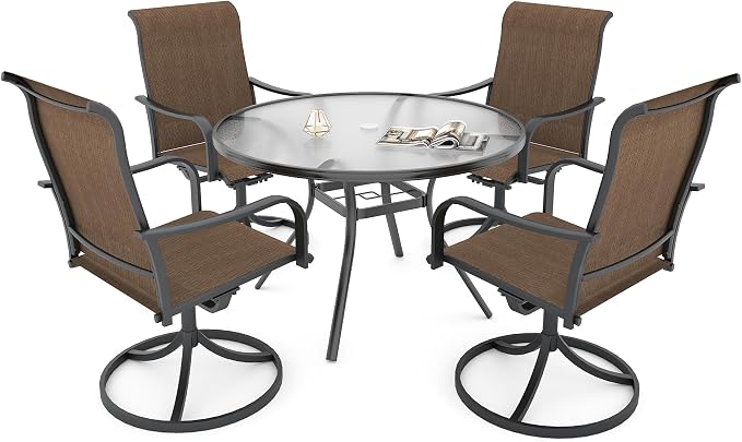 5 Piece 40" Patio Round Glass Table and Swivel Chairs Brown Yellow Set Sty2 | 4 Piece Swivel Chairs: High Back, Curved Armrest, Textilene Fabric, Rocking; 48 inch Metal Round Table, All Weather