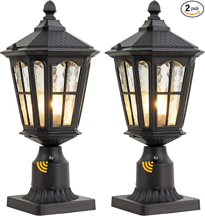 Dusk to Dawn Post Light Outdoor 2 Pack, 17''H Outdoor Lamp Post Light with Pier Mount Adapter,Waterproof IP65 Classic Die Cast Aluminum with Water Ripple Glass, Matte Black…