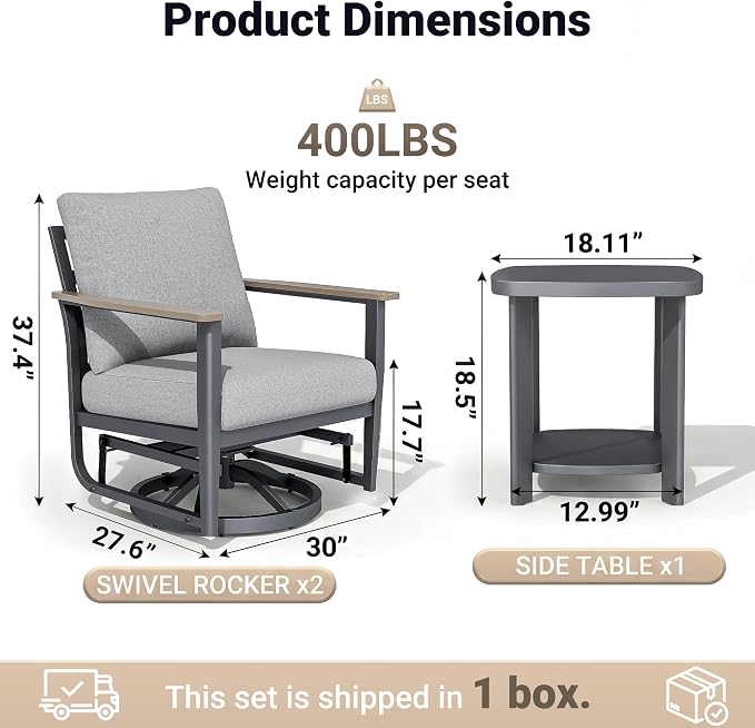 Aluminum Swivel Rocking Chairs, 3-Piece Outdoor Patio Furniture Set with Side Table, Rust-Proof Metal Gliders with Wood-Like Armrests & 5.1" Thick Cushions for Backyard, Porch, Gray
