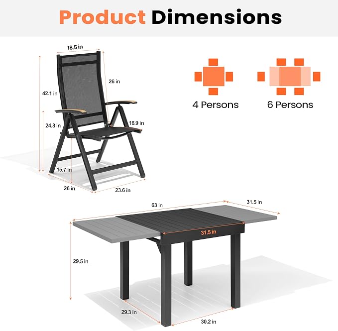 Pellebant 7 Pieces Aluminum Outdoor Dining Set for 6, Expandable Outdoor Dining Table and 6 Foldable Adjustable Backrest Chairs, Weather Resistant Outdoor Furniture Set for Deck, Porch & Backyard