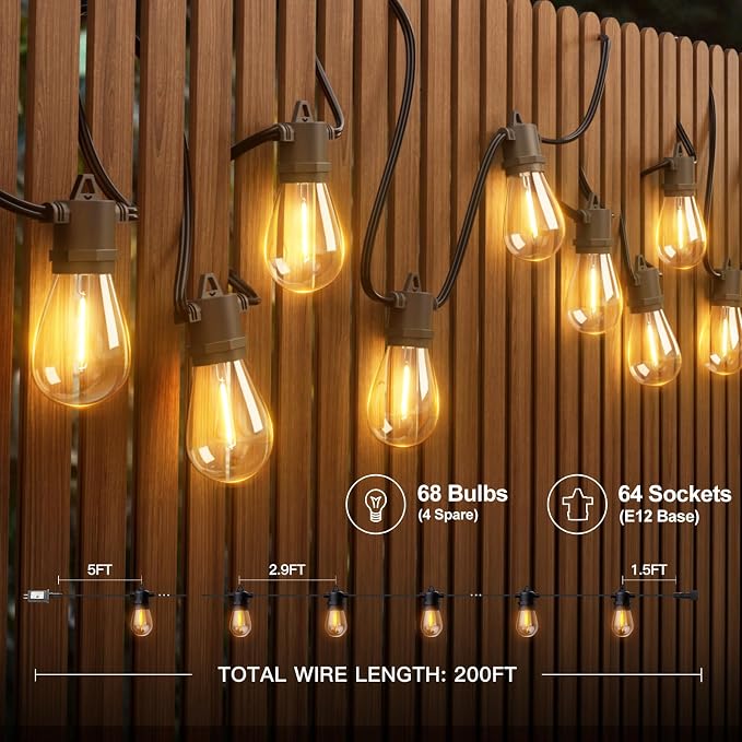 addlon 200FT LED Outdoor String Lights, Waterproof Dimmable Bulbs for Patio | UL Listed, Remote Control. Shatterproof Edison Bulbs, Timer, Linkable, 2700K Warm White. For Backyard, Pergola, 4-Pack*50FT.